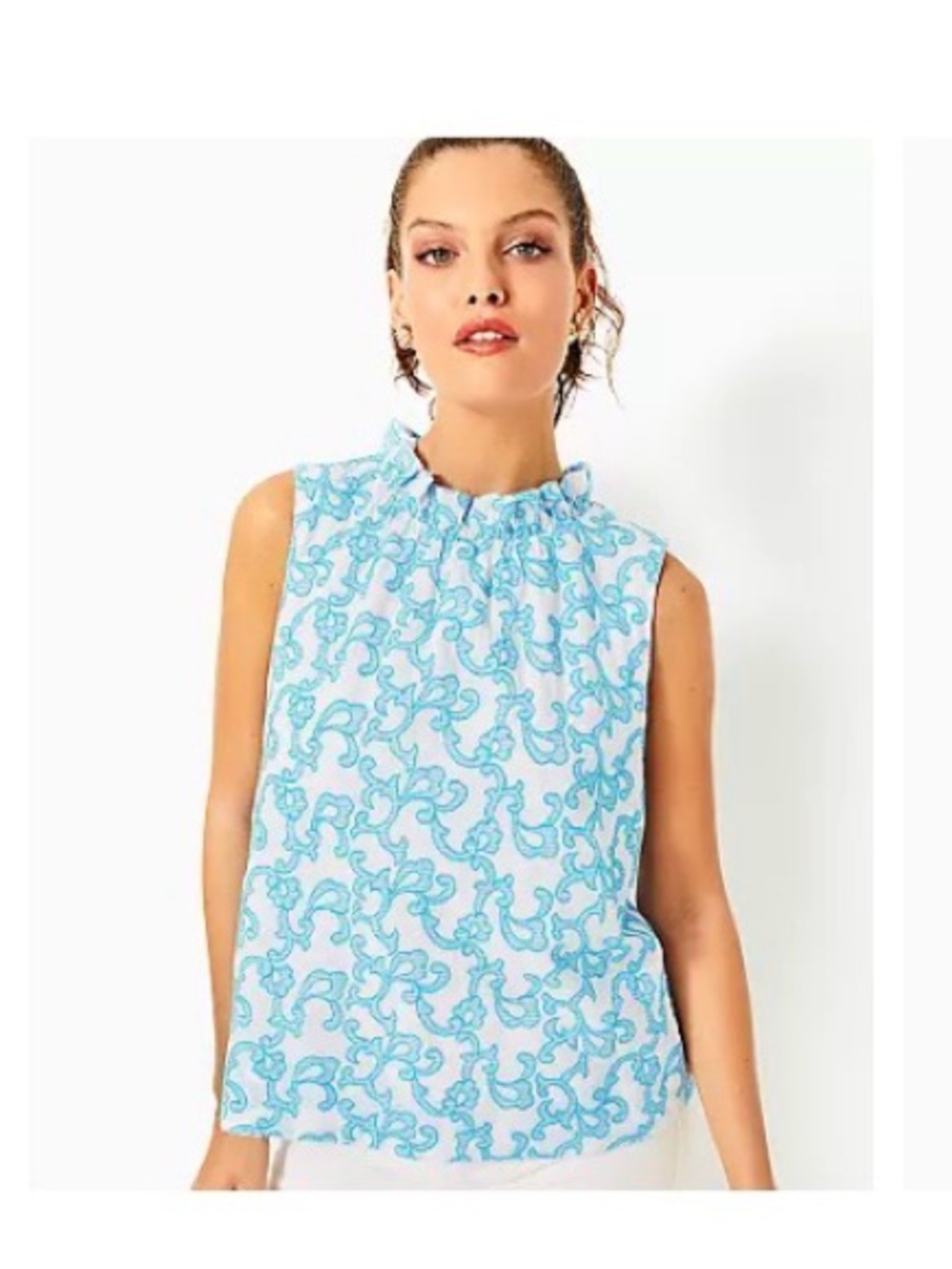 Lilly Pulitzer Sleeveless Ruffle-Neck Camisole in Aqua Print